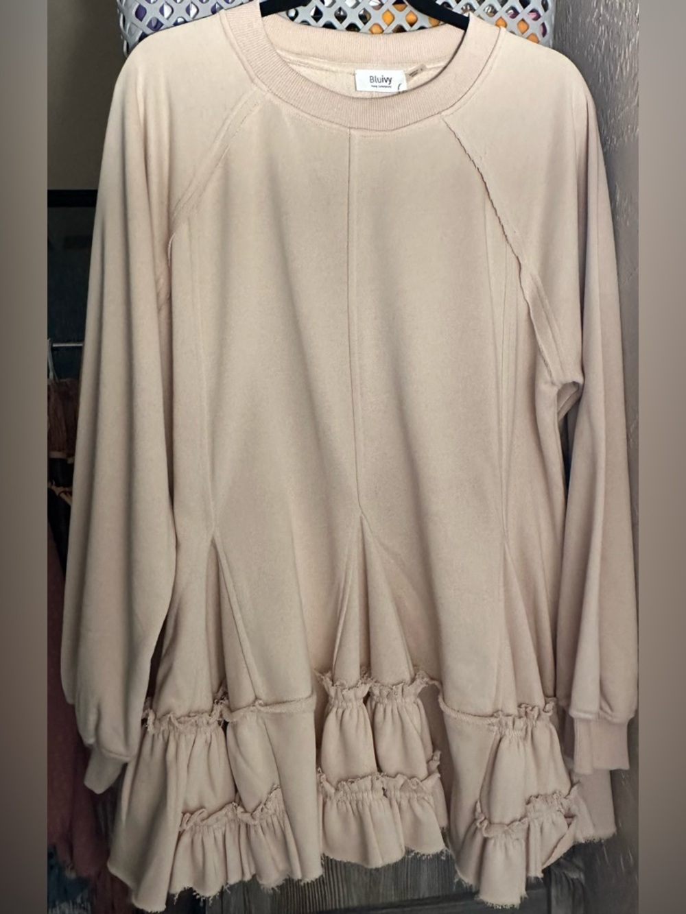 Bluivy Beige Ruffle Hem Long Sleeve Sweatshirt